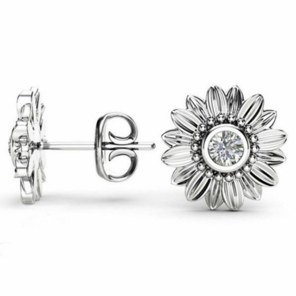 Sterling Silver Diamond Sunflower Stud Earrings - Picture 2 of 2